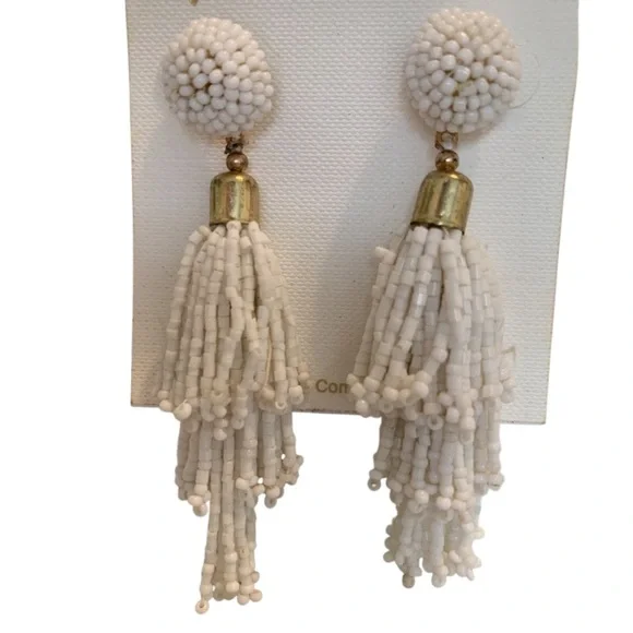 PANACEA Earrings Beaded Tassel I White I Metallic Gold Accents I Post Backings - Picture 6 of 11